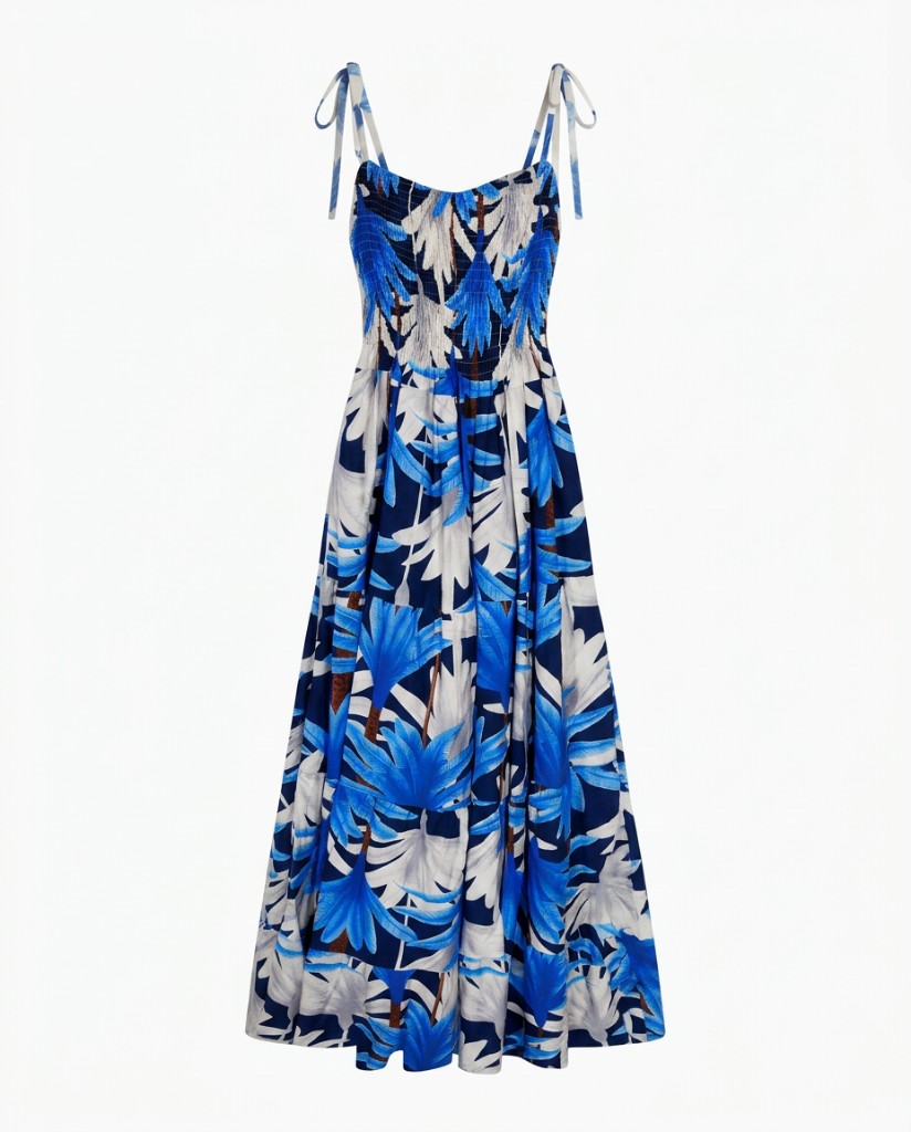 Blue Palm Leaf Tiered Maxi Dress - Image 1