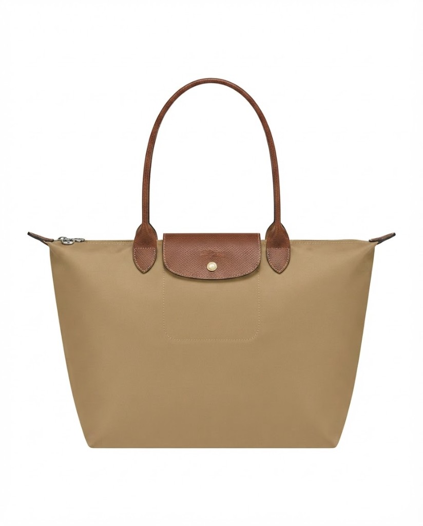 Nylon Shoulder Tote with Leather Flap — Beige - Image 1