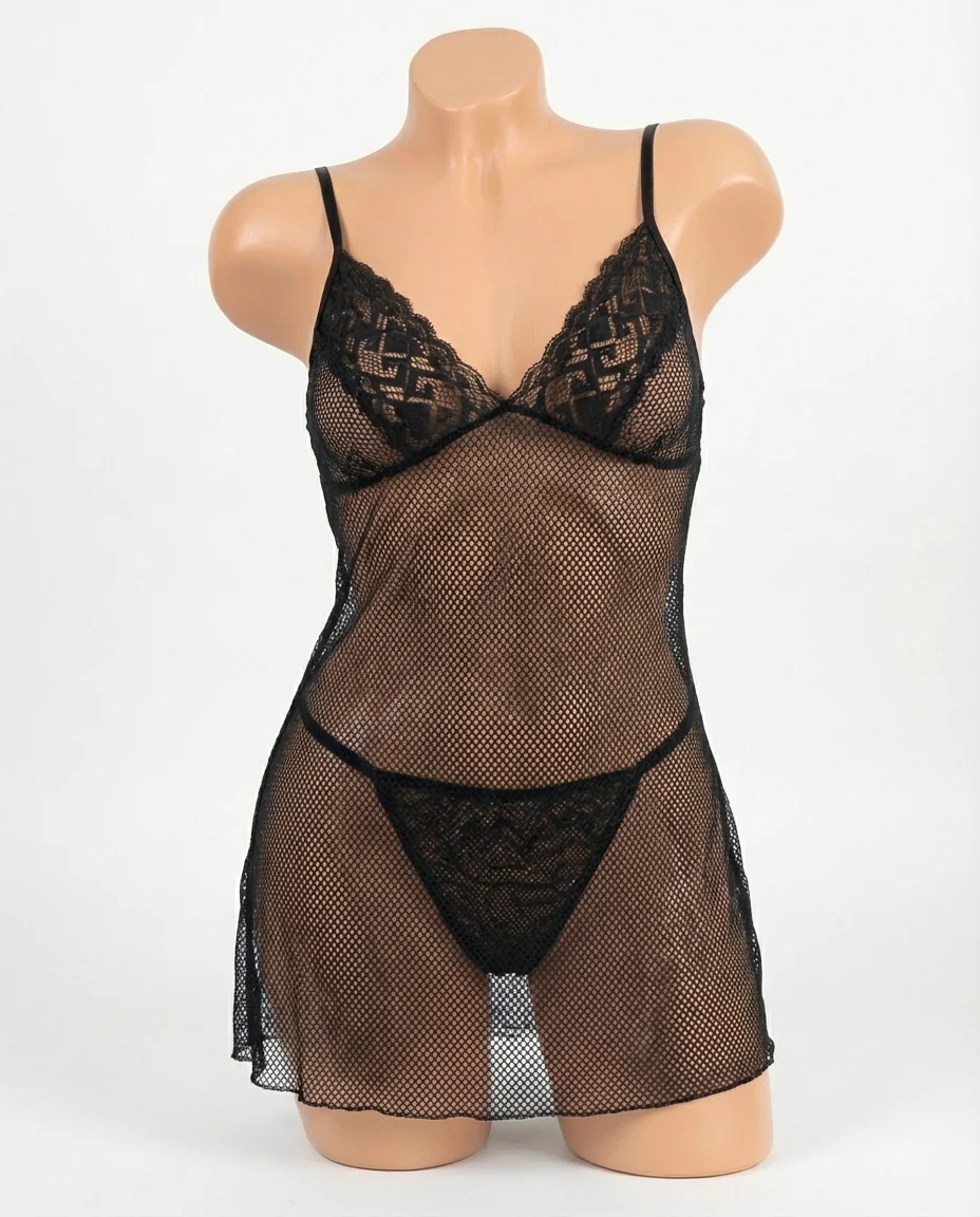 Black Fishnet and Lace Babydoll Set - Image 1