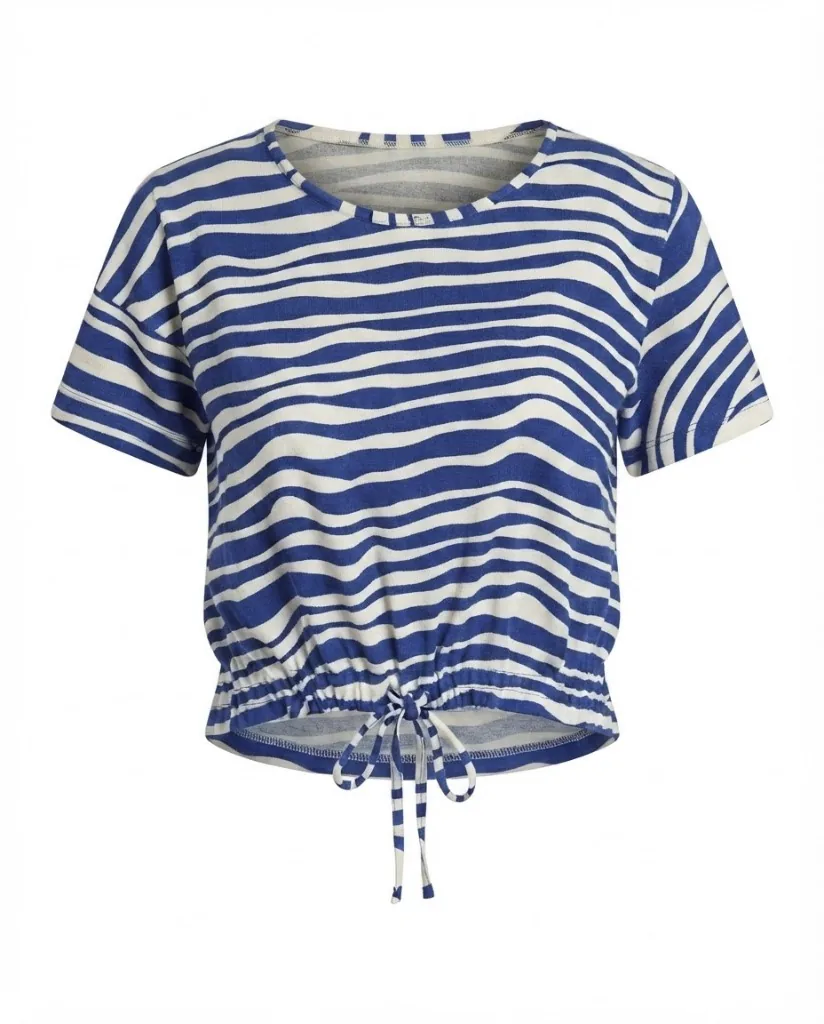 Blue and White Striped Cropped Top with Drawstring