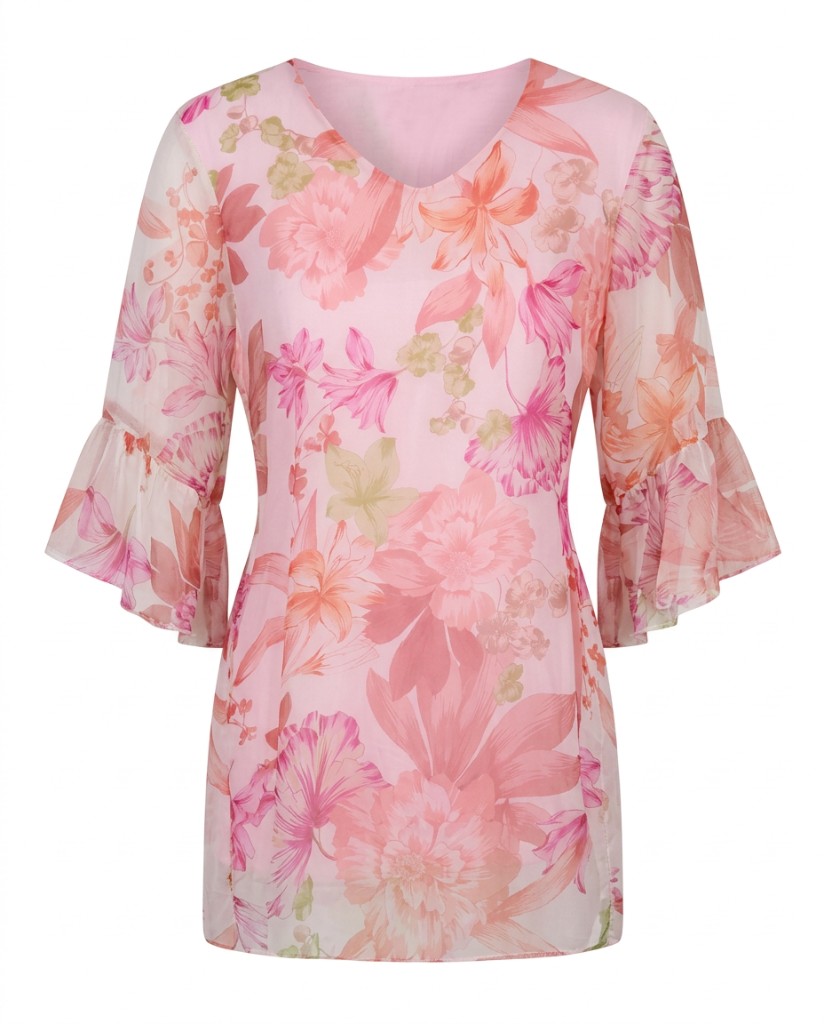 Pink Floral V-Neck Blouse with Bell Sleeves - Image 1