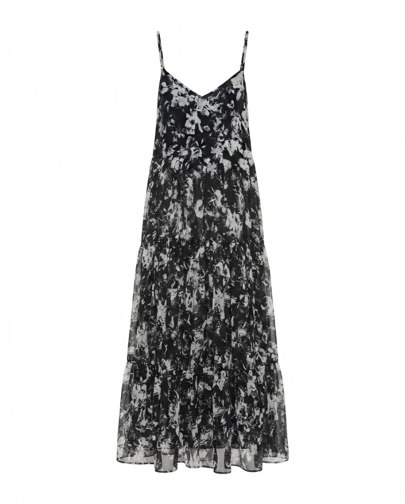 Tiered Spaghetti-Strap Maxi Dress — Black White Print - Image 1
