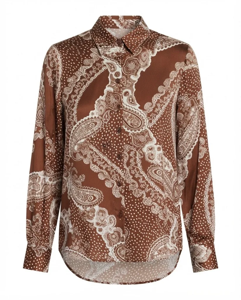 Brown Paisley and Polka Dot Satin Shirt