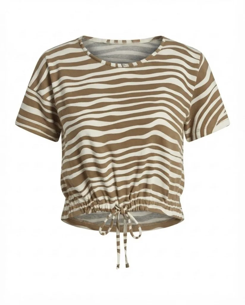 Tan Wavy Stripe Cropped Drawstring Top
