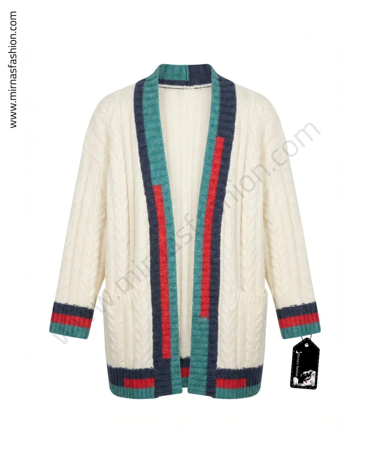 Color-Trim Cable Knit Cardigan - Image 1
