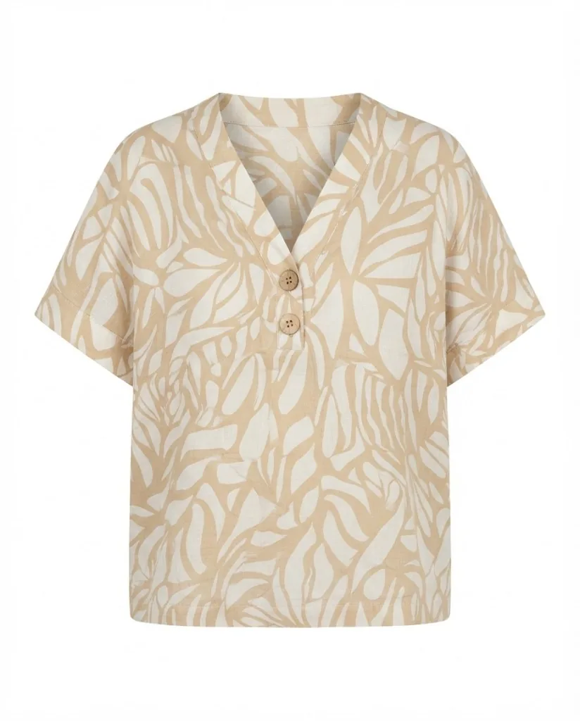 Beige Leaf Print Linen Top