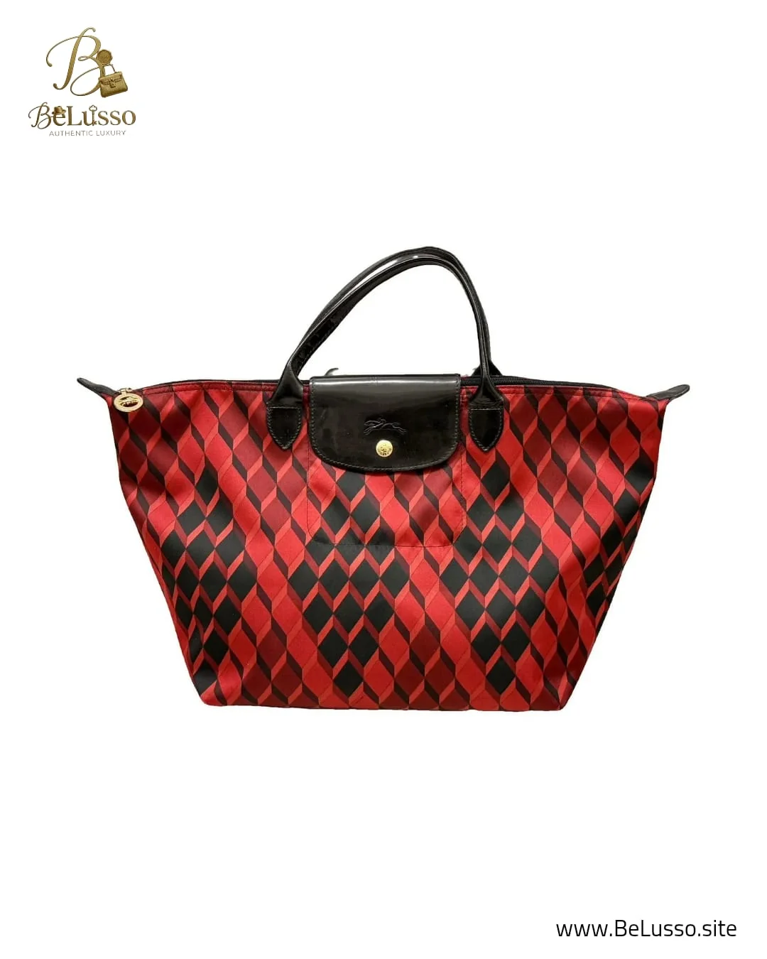 Longchamp Le Pliage Geometric Diamond Tote Bag – Red & Black - Image 1