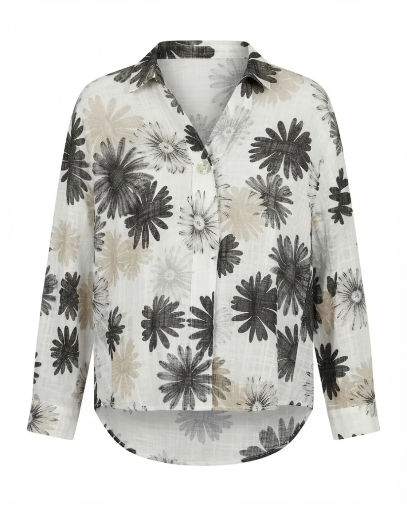 Charcoal and Beige Floral Linen Long Sleeve Top