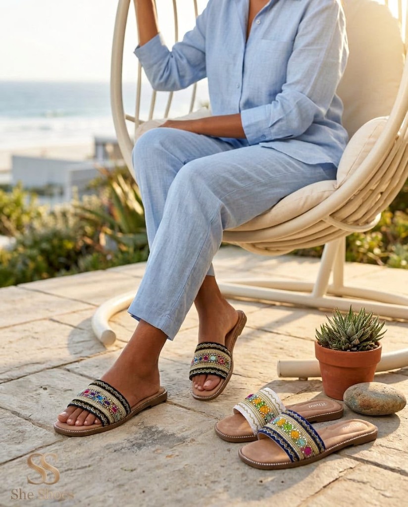 Embroidered Beaded Flat Slides - Image 1