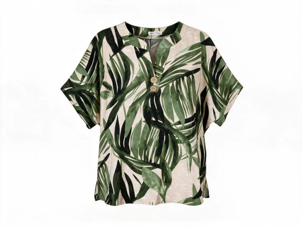 Tropical Leaf Print V-Neck Top