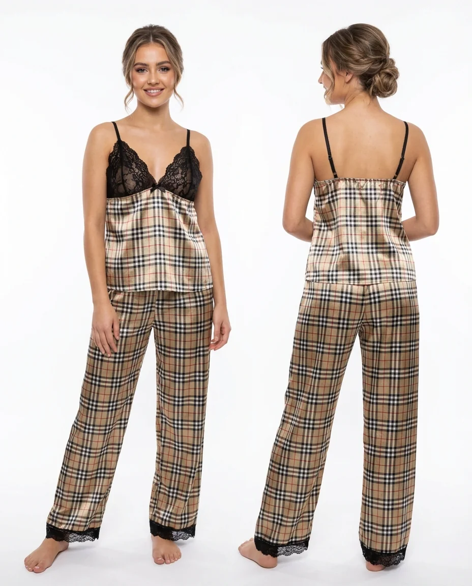 Classic Plaid Satin Pajama Set - Image 1