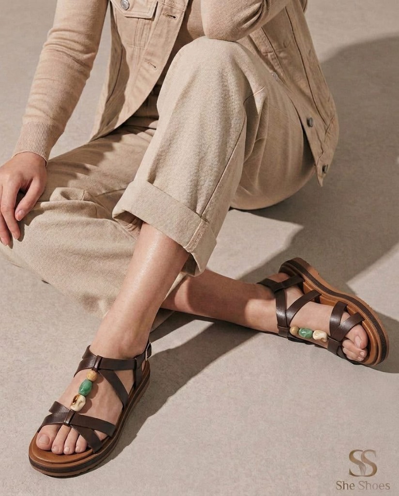 Stone Bead T-Strap Flat Sandals - Image 1
