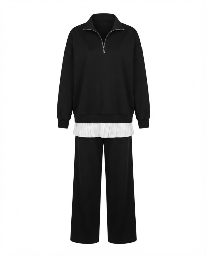 Quarter-Zip Sweatshirt & Wide-Leg Pants Set — Black - Image 1