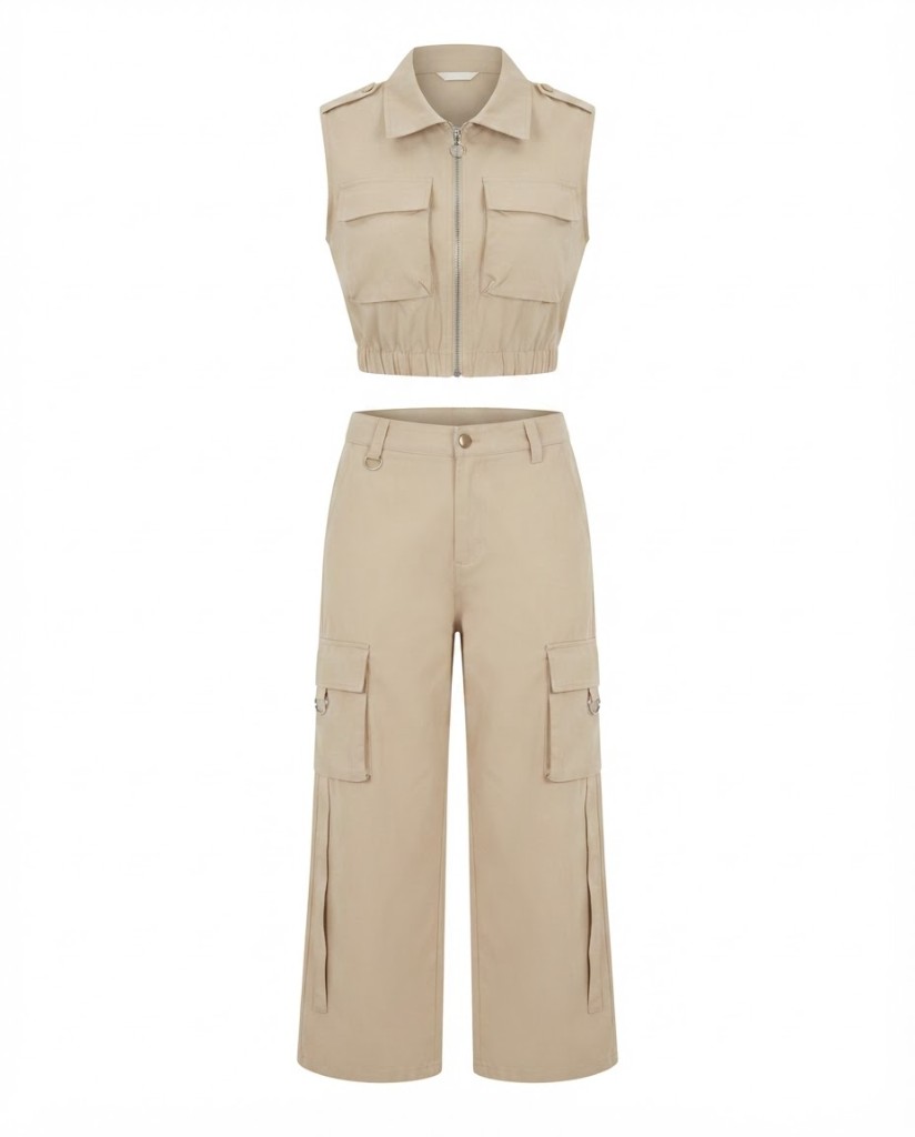 Utility Cropped Vest & Cargo Pants Set — Beige - Image 1