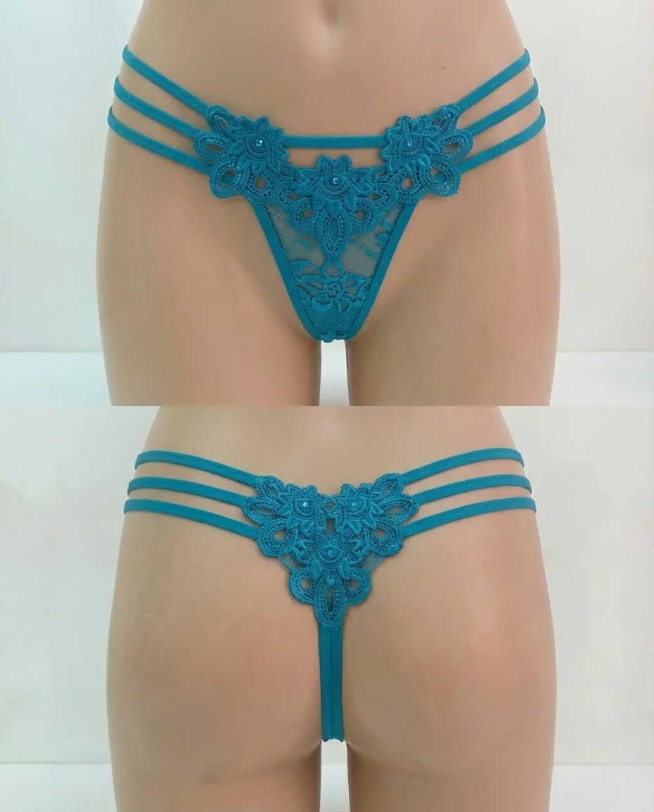 Teal Triple-Strap Lace G-String - Image 1