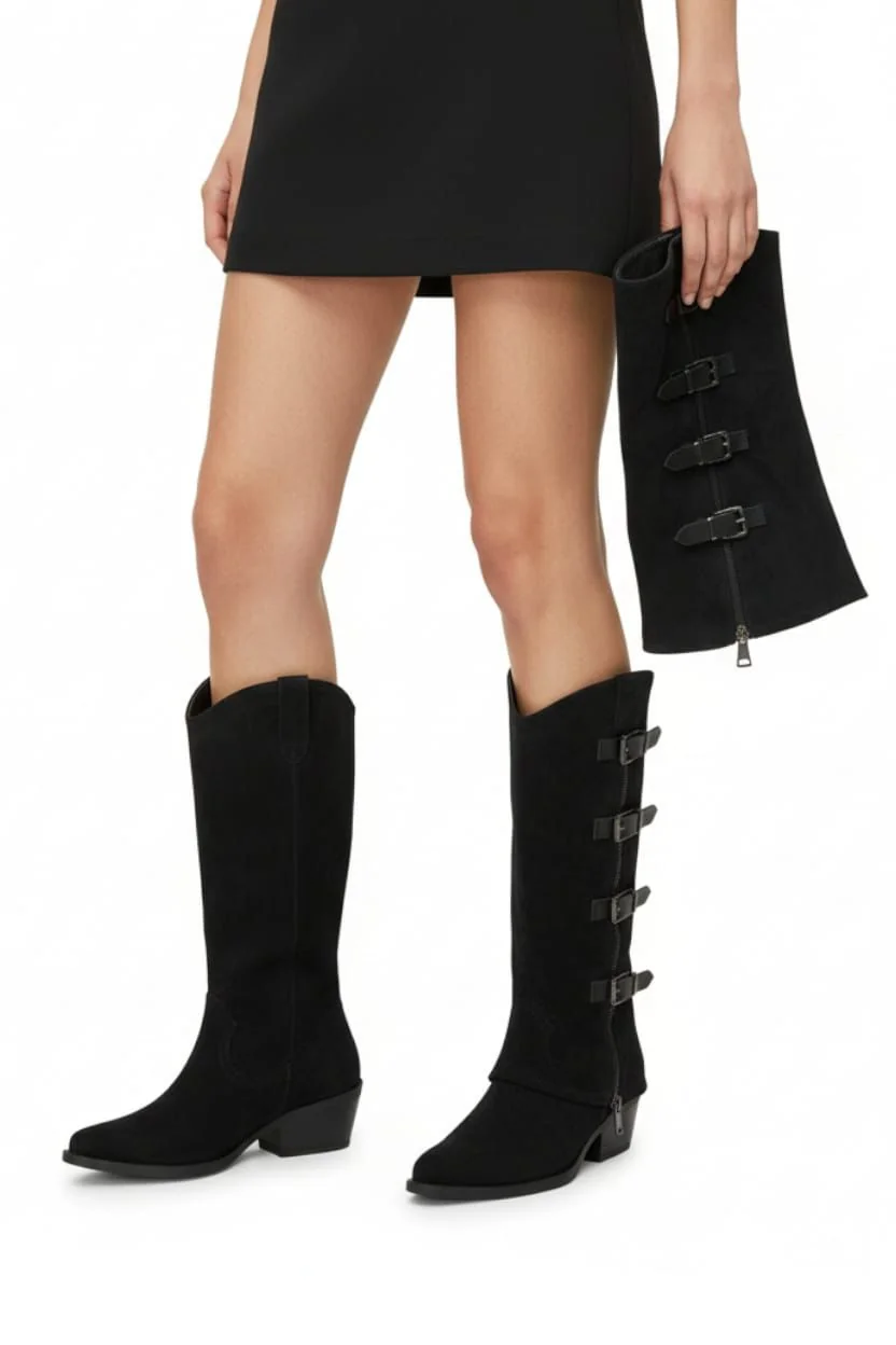Convertible Multi-Buckle Western Boots with Removable Suede-Finish Shaft - Image 1