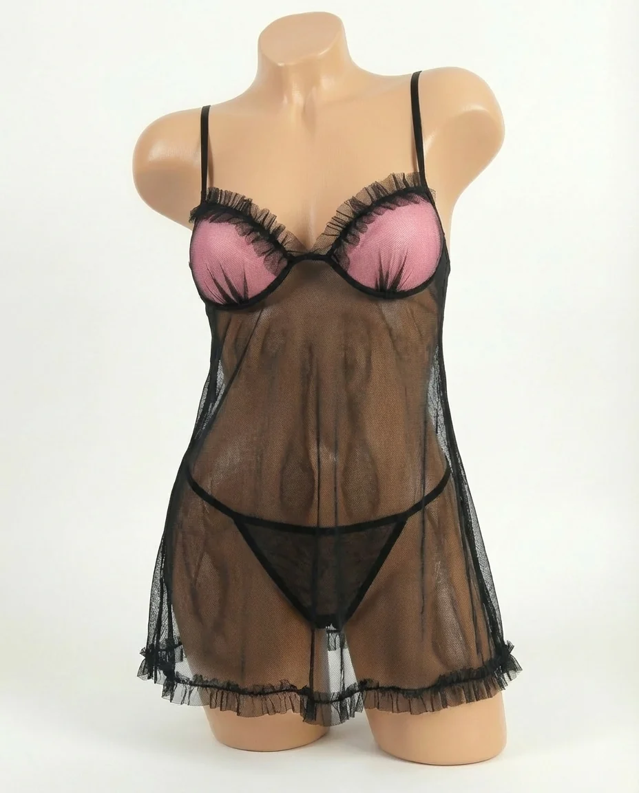 Sheer Black Mesh Babydoll with Pink Tulle Accents - Image 1