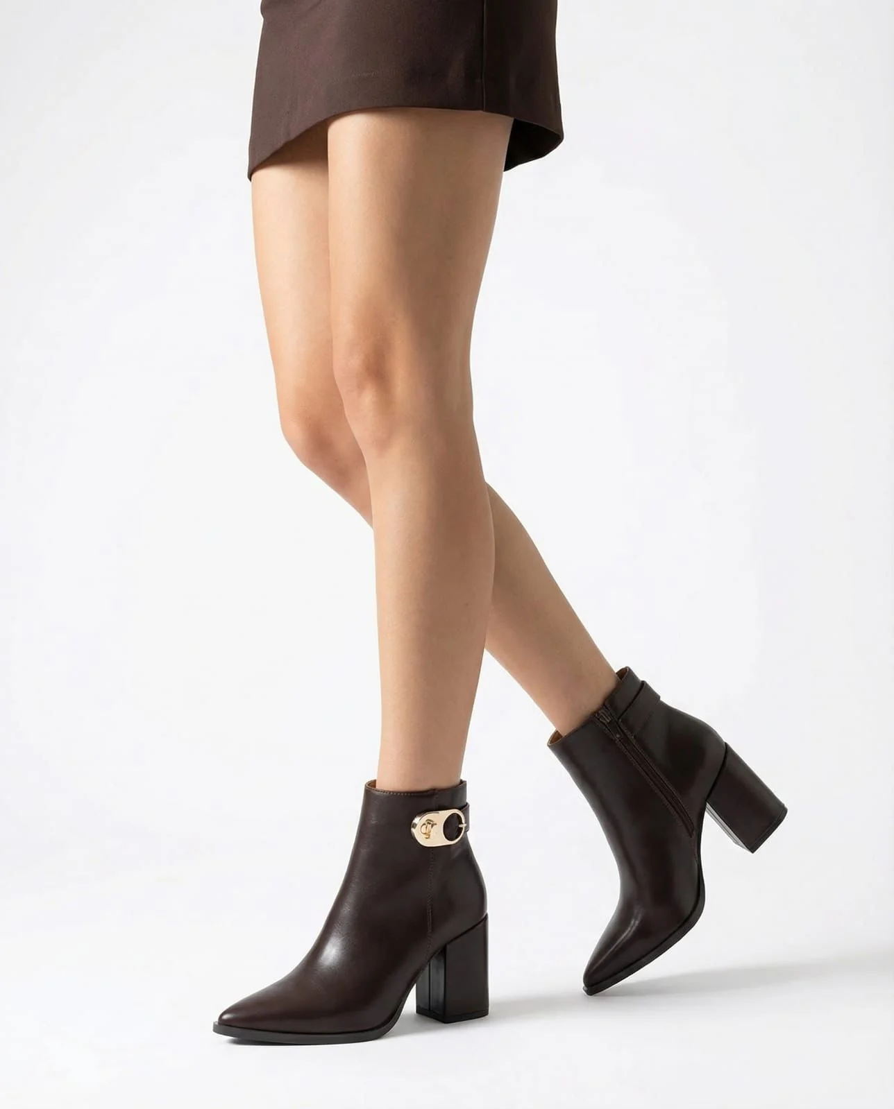 Pointed Toe Block Heel Ankle Boots with Gold Hardware - Image 1