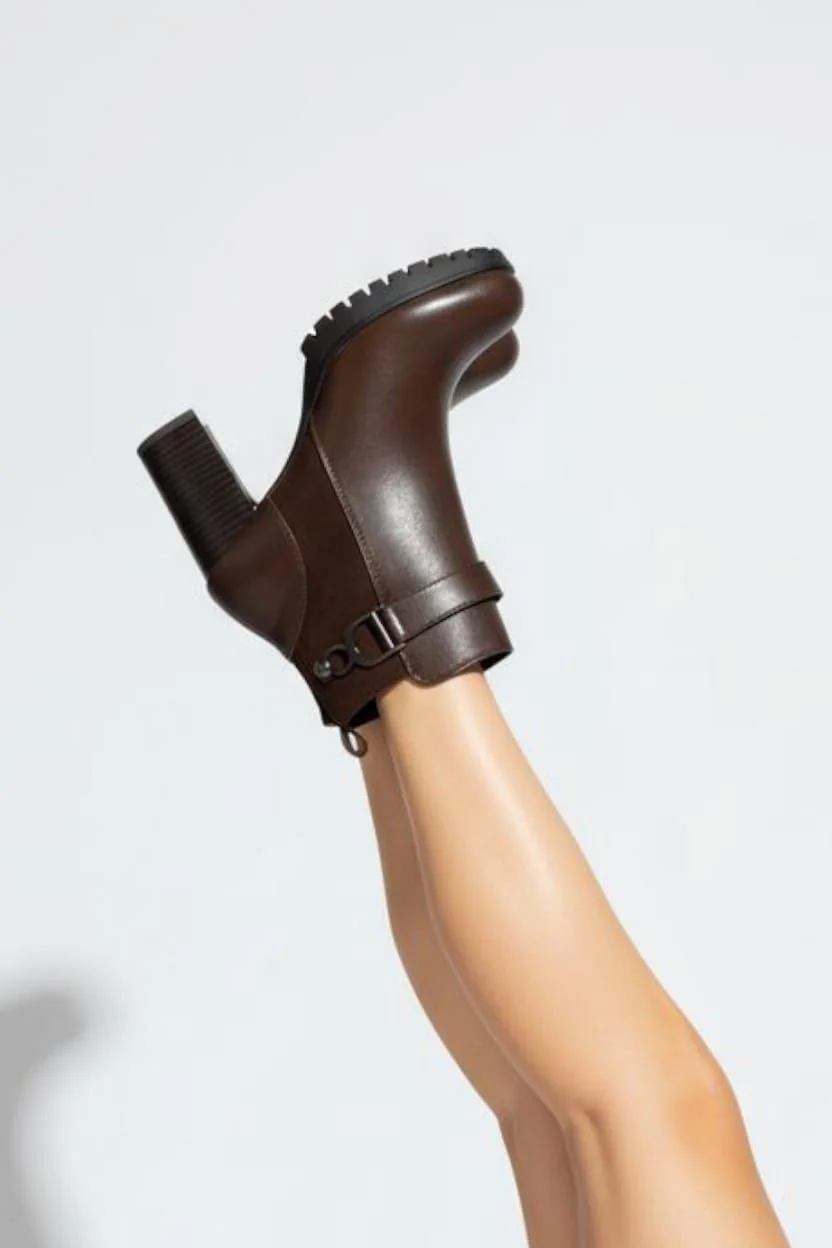Women's Brown Mixed-Texture Pointed Toe Ankle Boots - Image 1