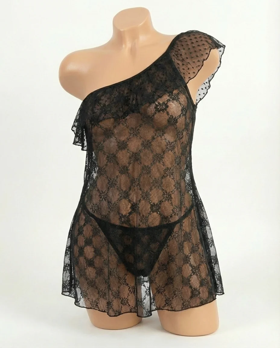 One-Shoulder Black Floral Lace Babydoll Set - Image 1