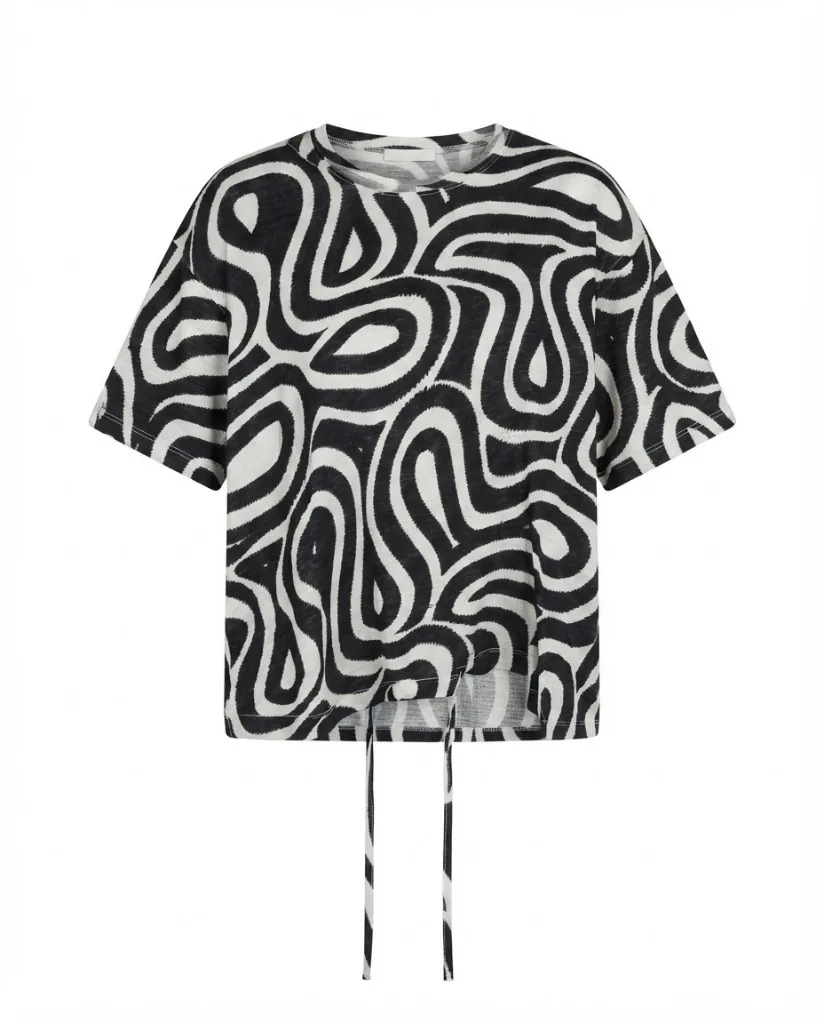 Abstract Swirl Print Top with Drawstring Hem