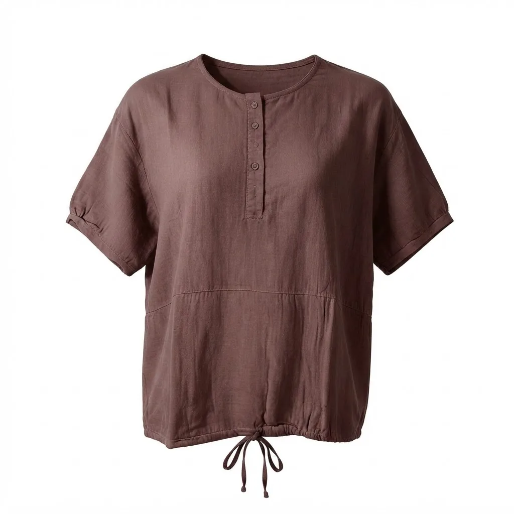Brown Linen Drawstring Henley Top