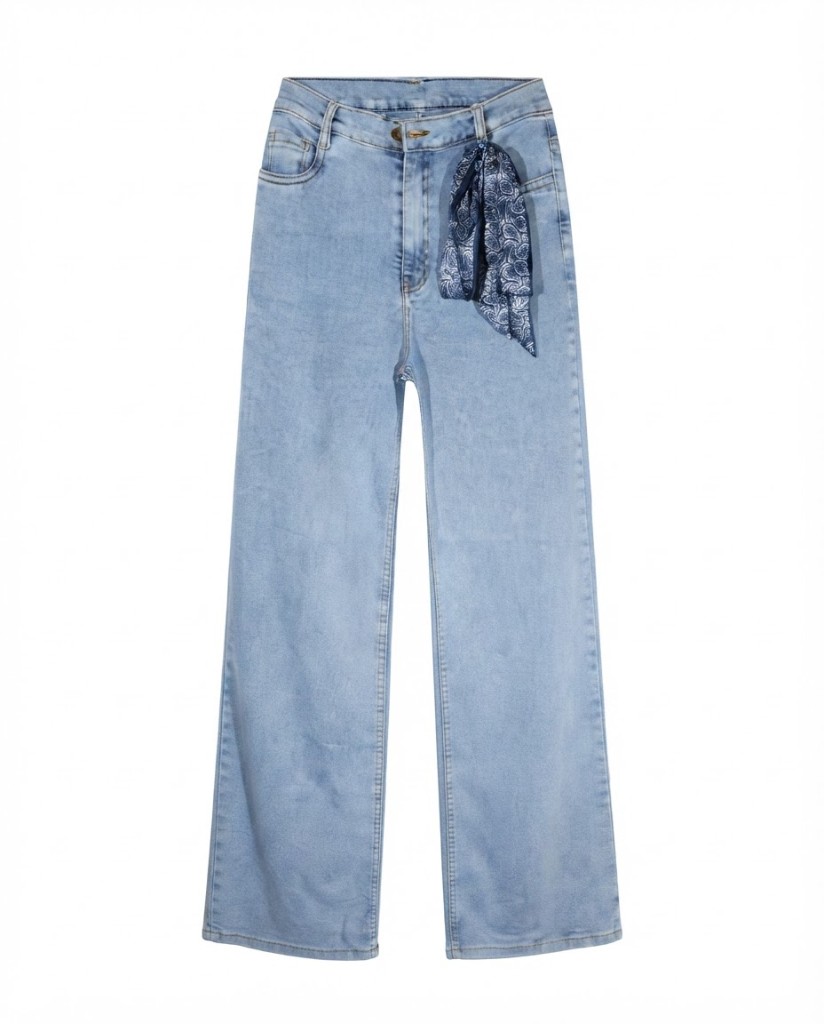 Wide-Leg Jeans with Scarf Detail — Light Blue - Image 1