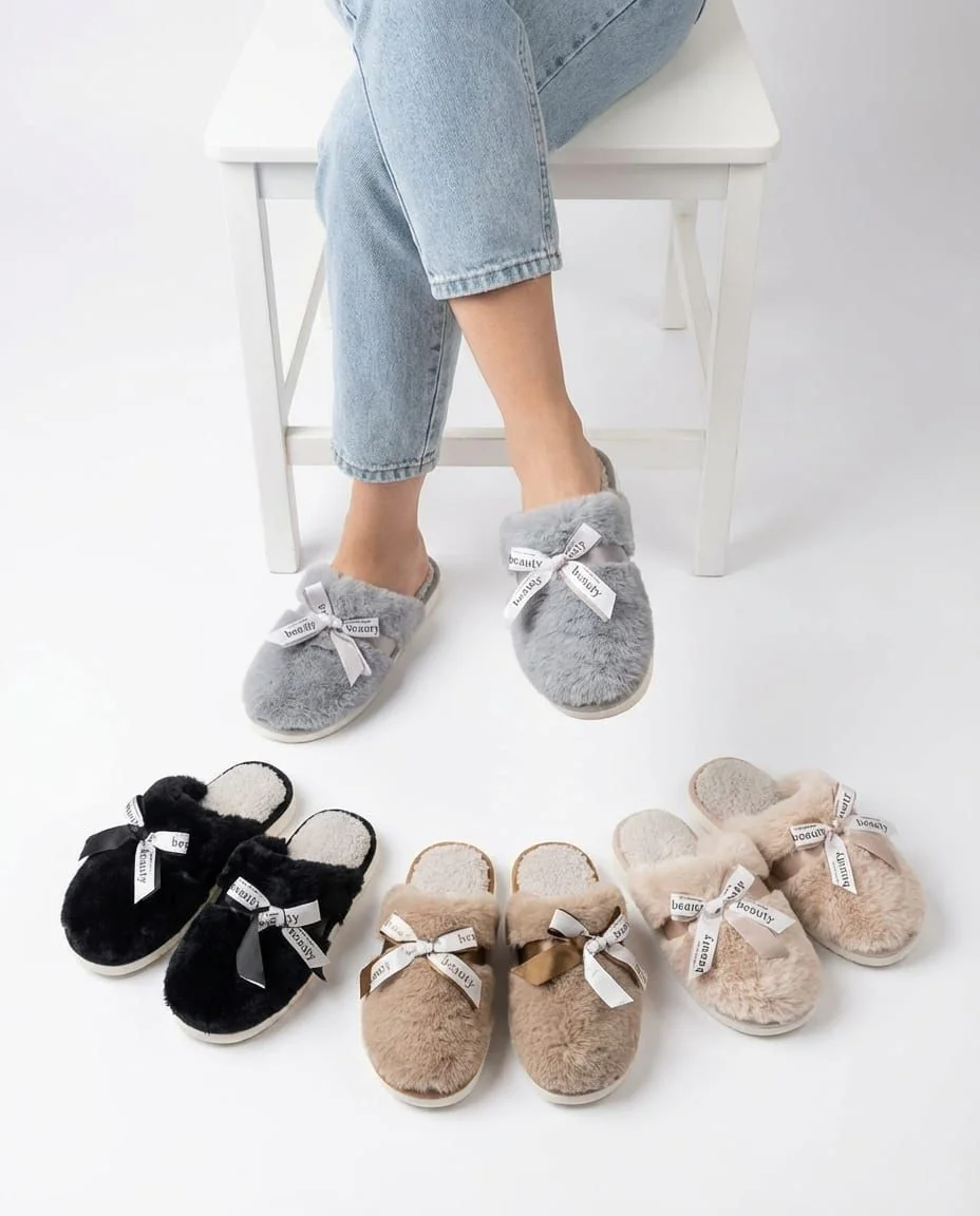 Satin Bow Plush Fur Slippers - Image 1