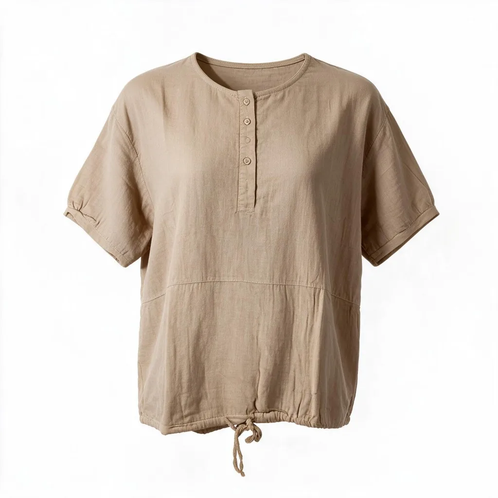 Tan Linen Henley Drawstring Top