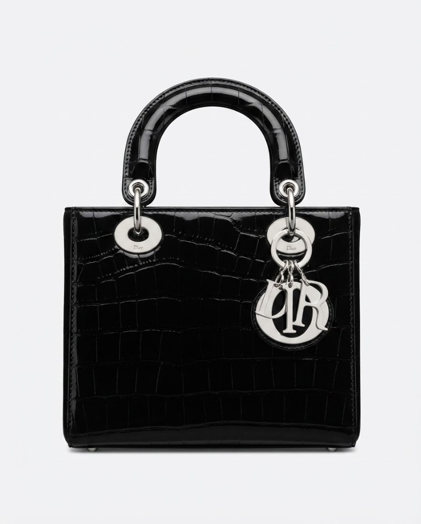 Croc-Embossed Patent Box Bag with Letter Charms — Black - Image 1