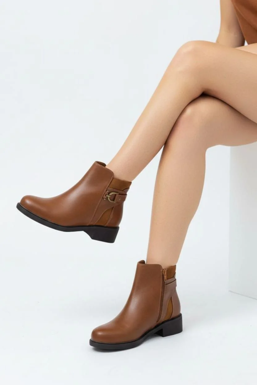 Women's Brown Mixed-Texture Buckle Ankle Boots - Image 1