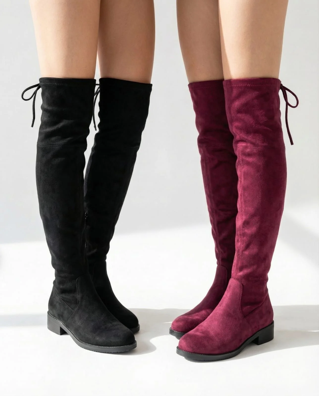 Over-the-Knee Low Block Heel Boots with Back Tie Detail - Image 1