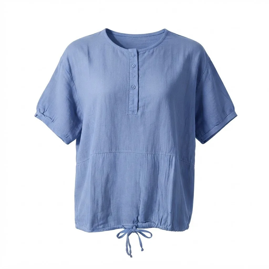 Dusty Blue Linen Henley Top with Drawstring