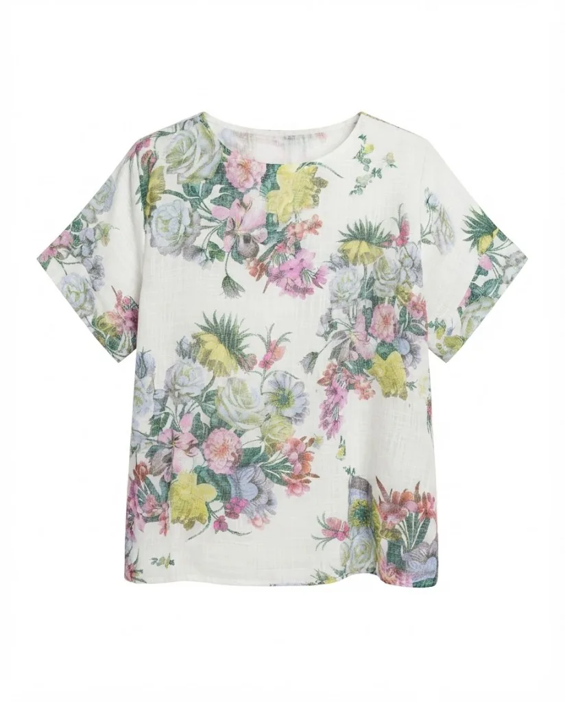 Watercolor Floral Print Linen Top