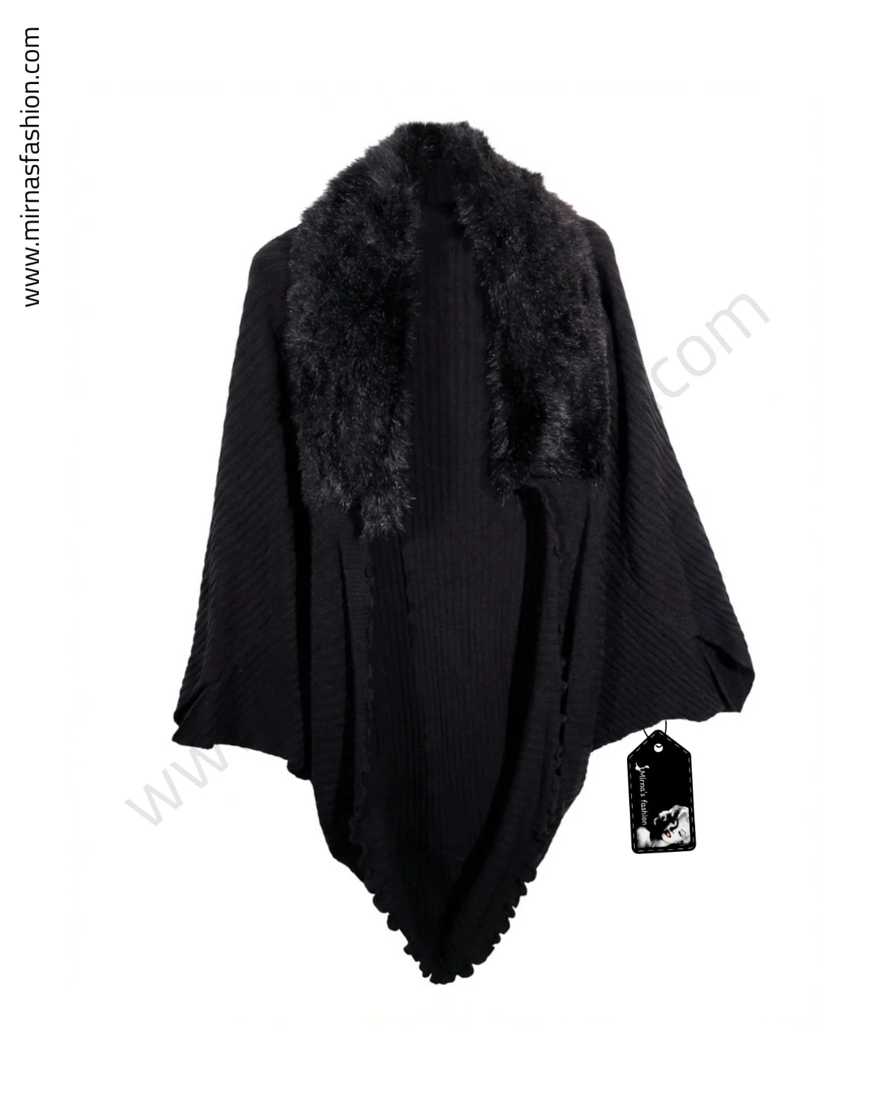 Faux Fur Trim Ribbed Cape - Image 1