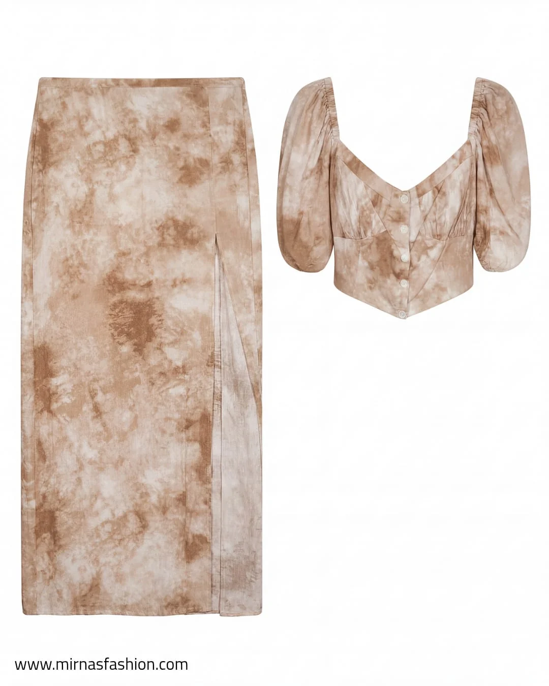 Marble Print Puff-Sleeve Skirt Set(M-L-XL)