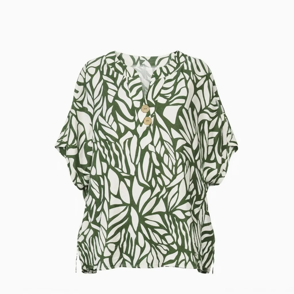 Green Leaf Print Tunic Top